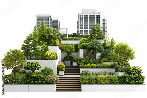 Terraced rooftop garden and urban park with mature trees and modern buildings in the background, isolated on a transparent background.