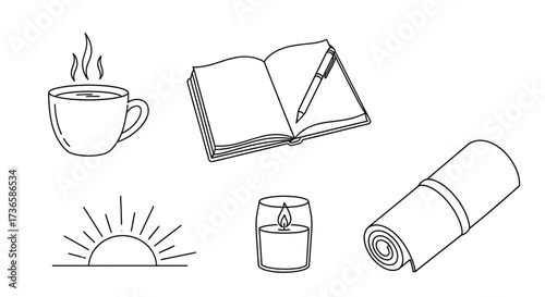 Set of minimalist morning routine icons for a healthy lifestyle.
