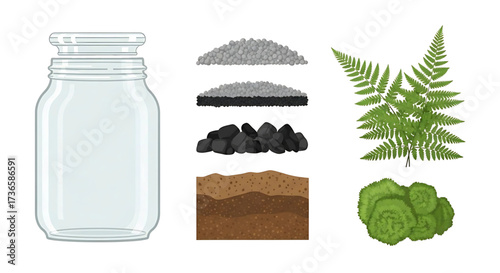 Set of ingredients for building a DIY terrarium in a glass jar.
