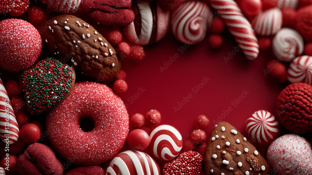 Fototapeta premium Festive Red Christmas Sweets Assortment Border with Copy Space candy holiday