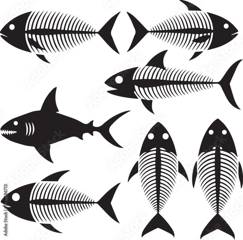 Black silhouettes of fish skeletons and a shark on a white background vector