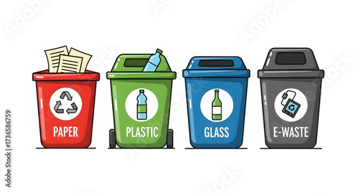 Set of recycling bins for sorting different types of waste like paper plastic and glass.
