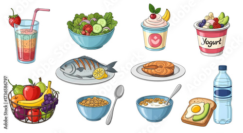 Set of healthy food items for a balanced diet and nutrition concept.
