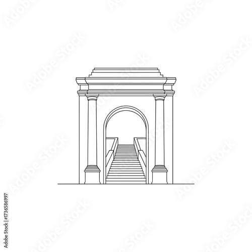 Architectural arch with staircase showcasing stone construction in linear outline. Architectural arch design features prominent columns supporting an archway that guides viewers up steps.