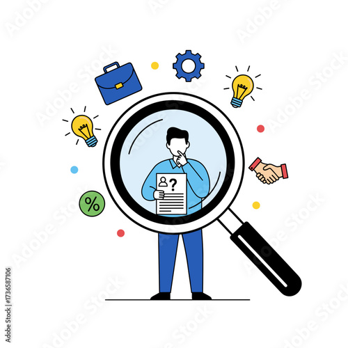 Job search with magnifying glass over candidate holding resume and asking question. Job search, represented by symbols like gears, handshake, and briefcase, highlights potential candidate.
