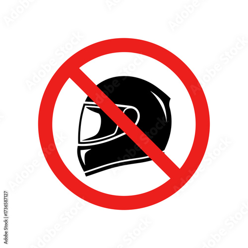 No helmet icon displayed on white background, warning against usage of any helmet. Prohibition of helmet is sign forbidding safety headwear in specific areas.