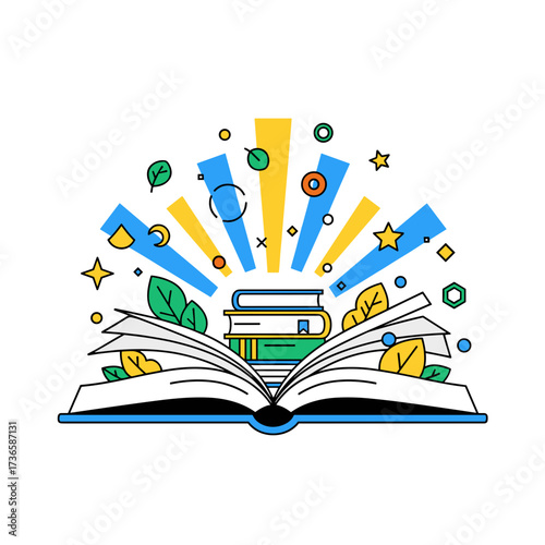 Opened book illustration shows creativity in education concept, open book with knowledge bursting out. Opened book surrounded by shining stars and leaves,
