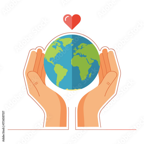 Holding earth illustration shows planet held in hands with heart above it, depicting global love and responsibility. Concept of holding earth illustration to communicate environmental awareness.