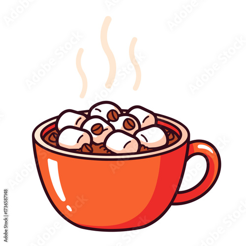 Steaming hot chocolate illustration with marshmallows in red mug. Hot chocolate drink is perfect for a cozy winter day. Delicious hot chocolate served warm in vibrant cup, offering comfort and cheer.