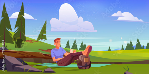 Man relaxing on a yoga mat in a green meadow