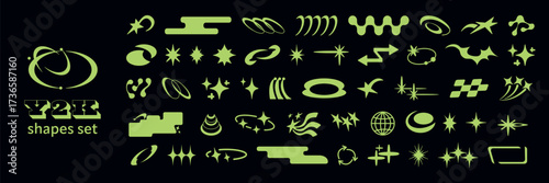 Set of bling Y2K star icons with sparkle shapes and retro shine elements. Abstract geometric set for stickers or modern graphic design packs.