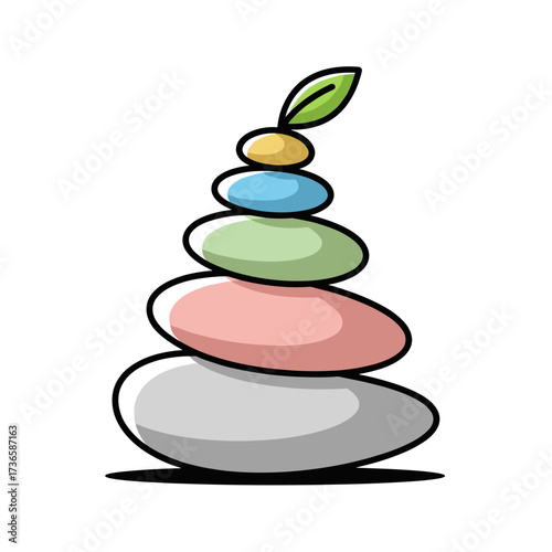 Pebble stack illustration featuring balanced colorful stones with leaf. The colorful pebble stack embodies balance and harmony, emphasizing wellness, zen, and nature-inspired aesthetics.