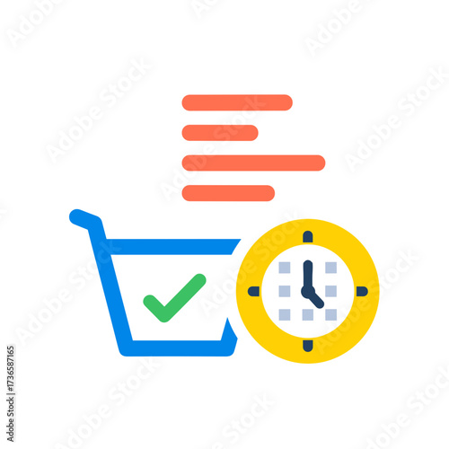 Shopping time with shopping cart and a clock, highlighting efficiency and urgency in commercial ventures. Shopping time embodies convenience and a modern approach to retail.