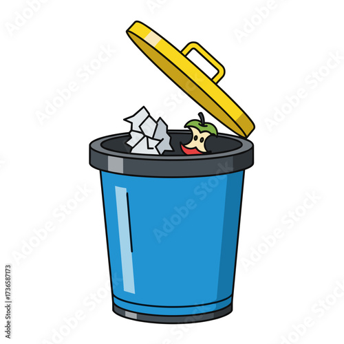 Open trash can filled with rubbish, featuring crumpled paper and apple core, representing environmental issues of disposable living. This trash can is blue, highlighting concerns about waste,