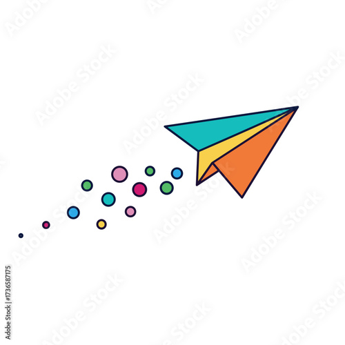 Paper airplane soaring with colorful dots against white background. Creative paper airplane design for playful ideas.
