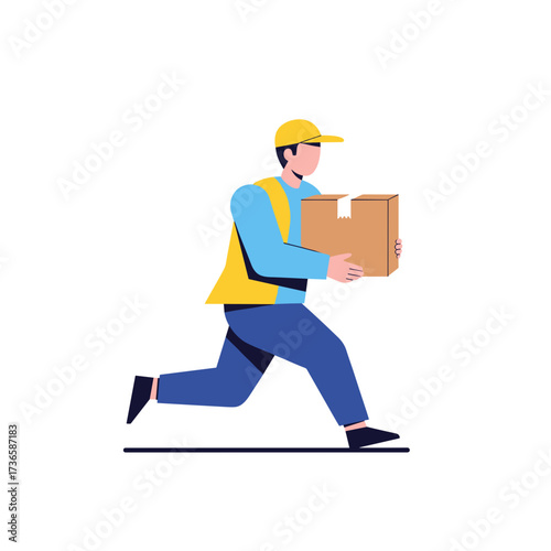 Delivery man sprinting delivers package quickly, showcasing speed and efficiency. Delivery man running with package illustrates urgent delivery and dedication to customer service.