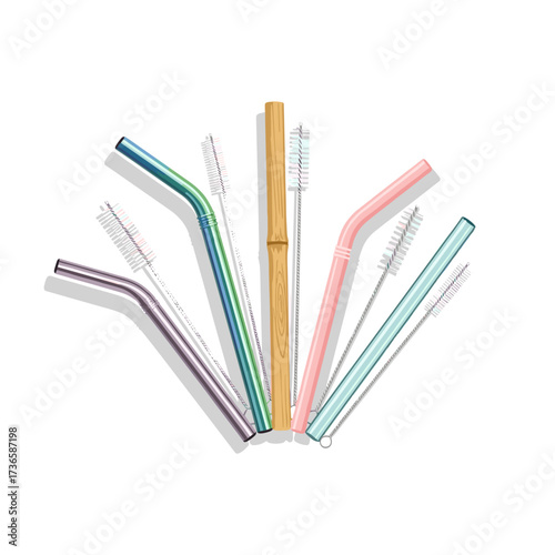 Eco friendly straws lie arranged on white background, with cleaning brushes, for sustainable consumption. Eco friendly straws, in various colors,