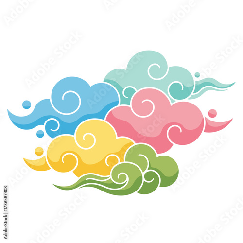 Group of colorful clouds for dreamlike design, featuring blue, yellow, pink, and green hues. These colorful clouds create playful decoration for festive illustrations, adding whimsy and charm.