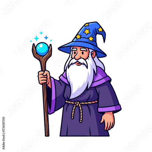 Wizard cartoon character with long white beard and blue glowing orb on top of a wooden staff. Wizard character wearing a blue hat with stars, and a purple robe.