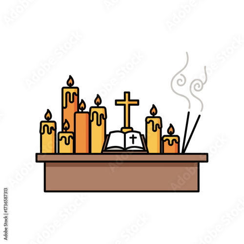 Religious altar featuring cross and candles for worship and devotion. Religious altar with open holy book, cross, and burning candles, invites spiritual reflection,