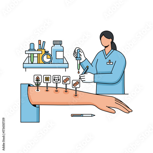 Allergy testing shows doctor performing allergy testing on patient's arm. Allergy testing demonstrates skin prick examination, featuring small marks next to icons.