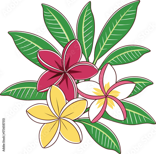 Vector art of a vibrant illustration of plumeria flowers in yellow, pink, and white, with green leaves, isolated on a