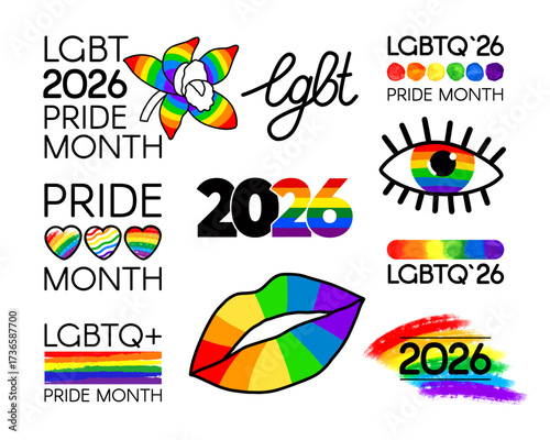 LGBT pride month 2026 set with rainbow logos, icons, stickers, lips, hearts, flower, eye, and colorful typography, celebrating diversity and equality