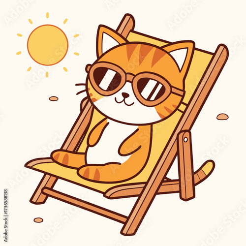 Vector art of cute cartoon orange tabby cat wearing sunglasses relaxing on a beach chair under the sun, summer vacation concept