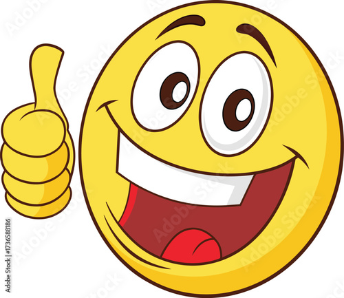 Vector art of a happy yellow smiley face emoji giving a thumbs up gesture