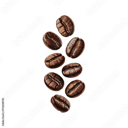 Roasted Coffee Beans Falling Isolated on Transparent Background, Fresh Coffee Seeds Flying
