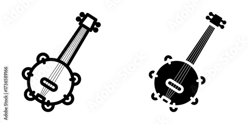 Banjo icon Set. Two versions of a minimalist banjo icon in black and white. One is an outline style and the other is solid black. A simple and clean graphic perfect for various design projects.