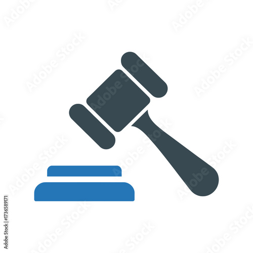 Illustration of a gavel with a blue striking block on a white background image.