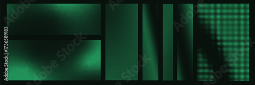 Set of green bitmap pixel background with gradient pattern and 8bit art. Glitch video game design. Neon disintegration effect with geometric particle dispersion.