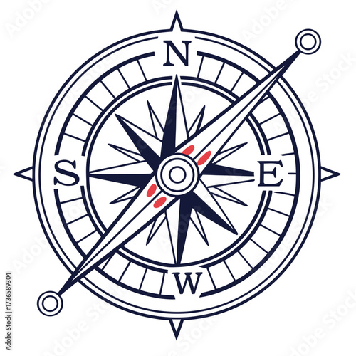 Stylized compass rose with red accents navigation direction