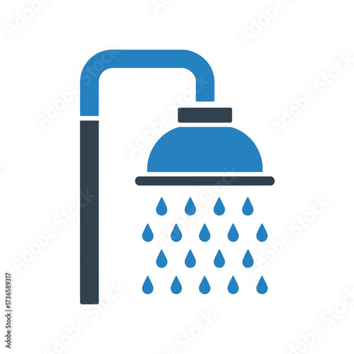 Illustration of a blue shower head with water droplets falling downwards in bathroom