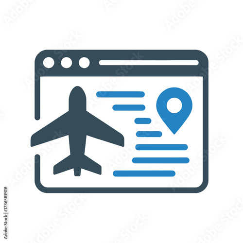 Airplane inside a screen with location pin and lines indicating flight details shown