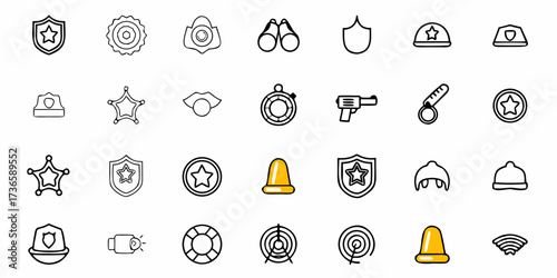Law Enforcement Icon Set for Justice and Protection, Perfect for Web Design, Mobile Apps, and Security Concepts, Featuring Shields, Badges, and Emergency Equipment
