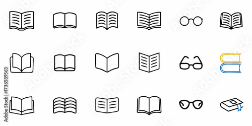 Explore knowledge with open books and stylish glasses, symbols of learning, perfect for education, libraries, and reading promotions, originally a scalable vector graphic