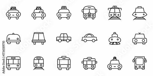 Transportation Icons Set: Taxis, Buses, and Trains Seamlessly Combine for Modern City Mobility and Transit System Visuals, Ideal for Urban Planning and Design Projects