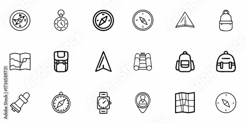 Plan your outdoor adventure with these essential navigation, gear, and tracking icons for exploration, hiking, and camping trip planning, perfect for travel blogs