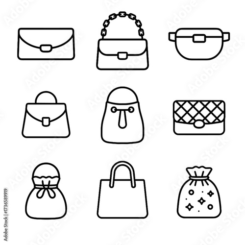 Tote icons drawstring vector accessories fashion quilted bag icon chain purse clutch