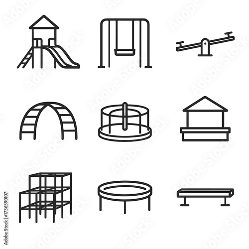 Swing climbing balance equipment sandbox trampoline slide icon playground beam icons vector