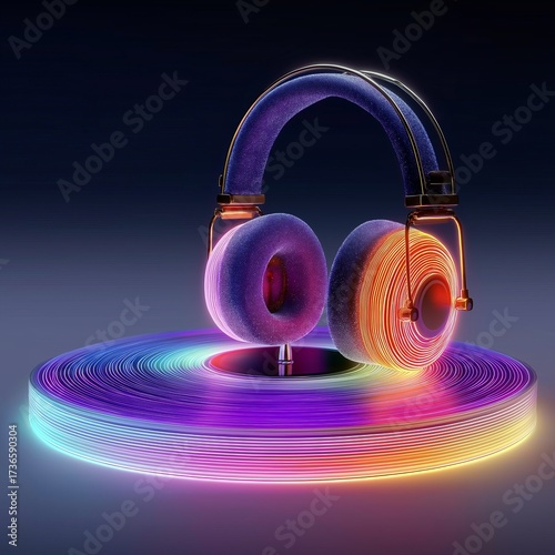 Glowing headphones rest on a vibrant illuminated circular platform emitting colorful light patterns