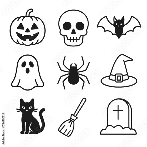 Tombstone vector bat witch spider cat set black icon skull halloween broomstick