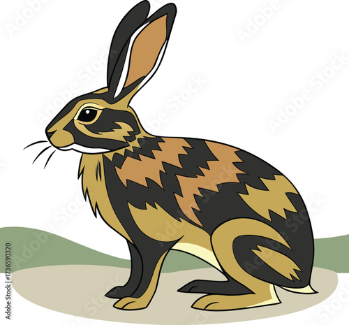 Illustration of a brown and black hare with long ears, standing on a grassy ground