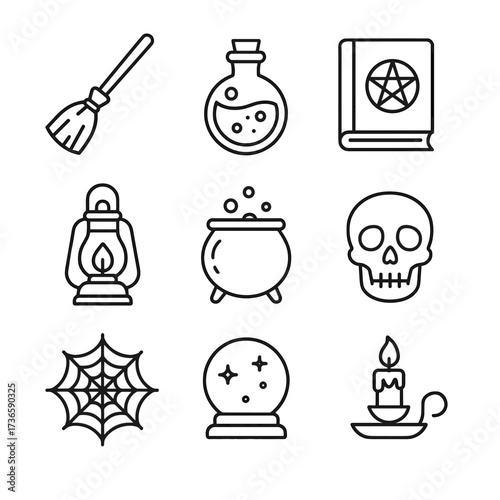 Vector cauldron book bottle icon broomstick ball potion cobweb set spell halloween
