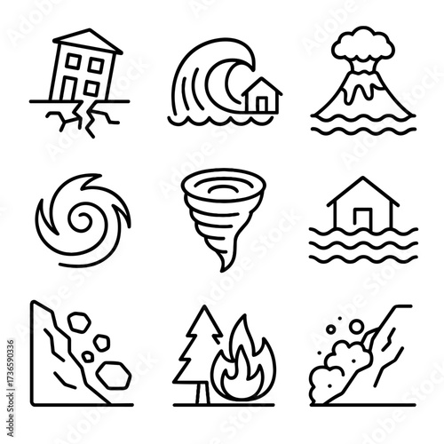 Icons disasters tsunami volcano icon hurricane earthquake natural vector eruption landslide avalanche