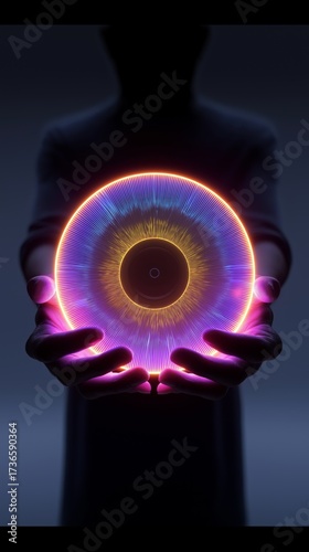 Hands holding a glowing circular object emitting vibrant purple and orange light science fiction concept