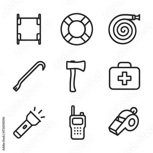 Tools fire crowbar flashlight buoy bag emergency hose medical icon rescue icons