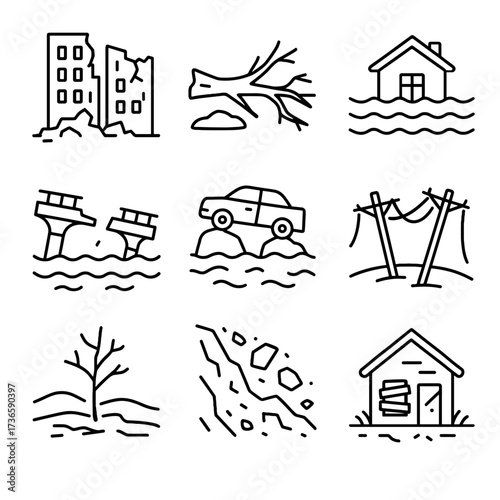 Buildings stranded land destroyed debris icons lines icon vector scorched flooded aftermath